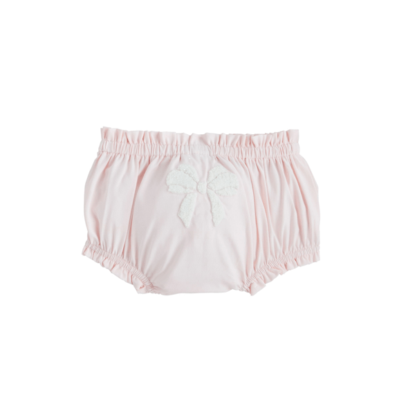 Light pink Bow Diaper Cover with white textured bow and ruffled leg openings. Available in sizes NB, 0-3M, 3-6M, 6-12M.