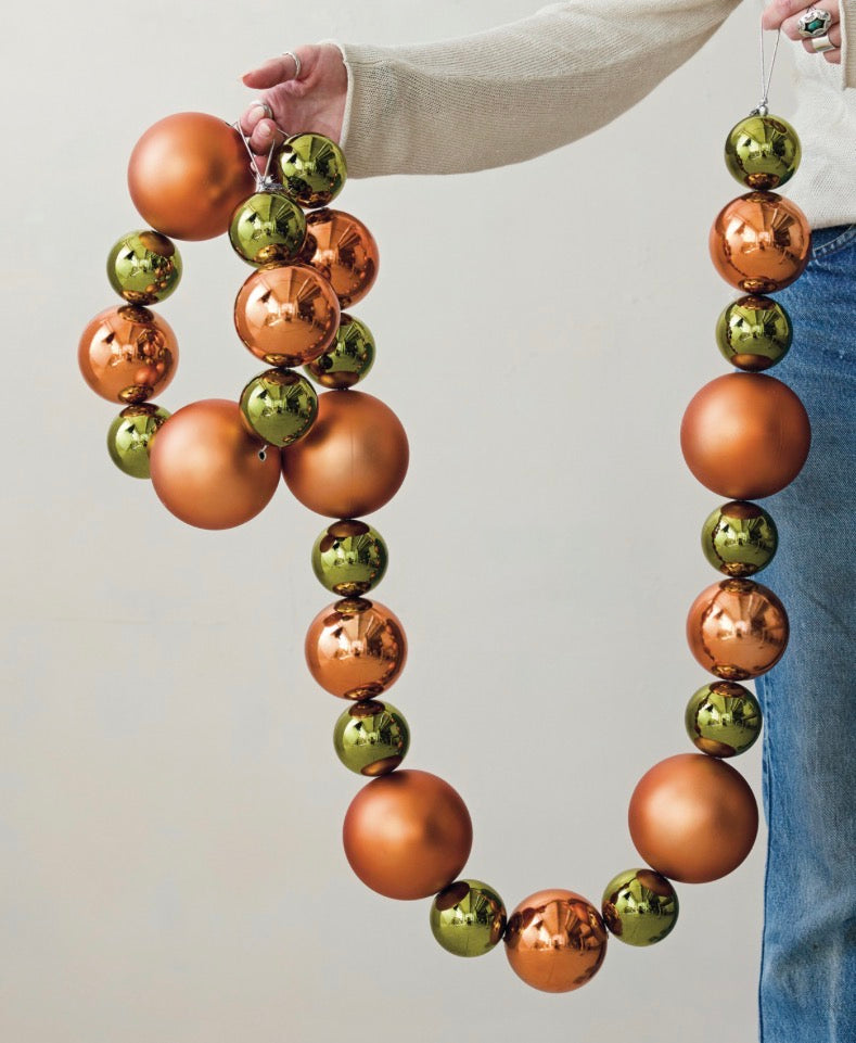Green &amp; Orange Ball Garland with alternating shiny green and matte copper (orange) ornaments. Available in 4 ft, 6 ft, and 8 ft lengths.