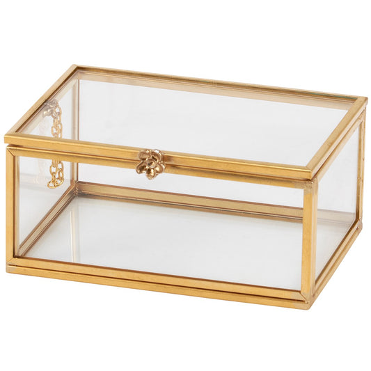 The Glass Rectangular Hinged Box is a clear glass box with a golden metal frame and brass trim, featuring a hinged lid and decorative clasp. Available in one size: 8" x 4" x 3".