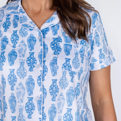 Claire Short Sleeve Button Up Sleep Shirt with blue vase prints on white. Available in sizes XS-XL. Soft pajama collection.