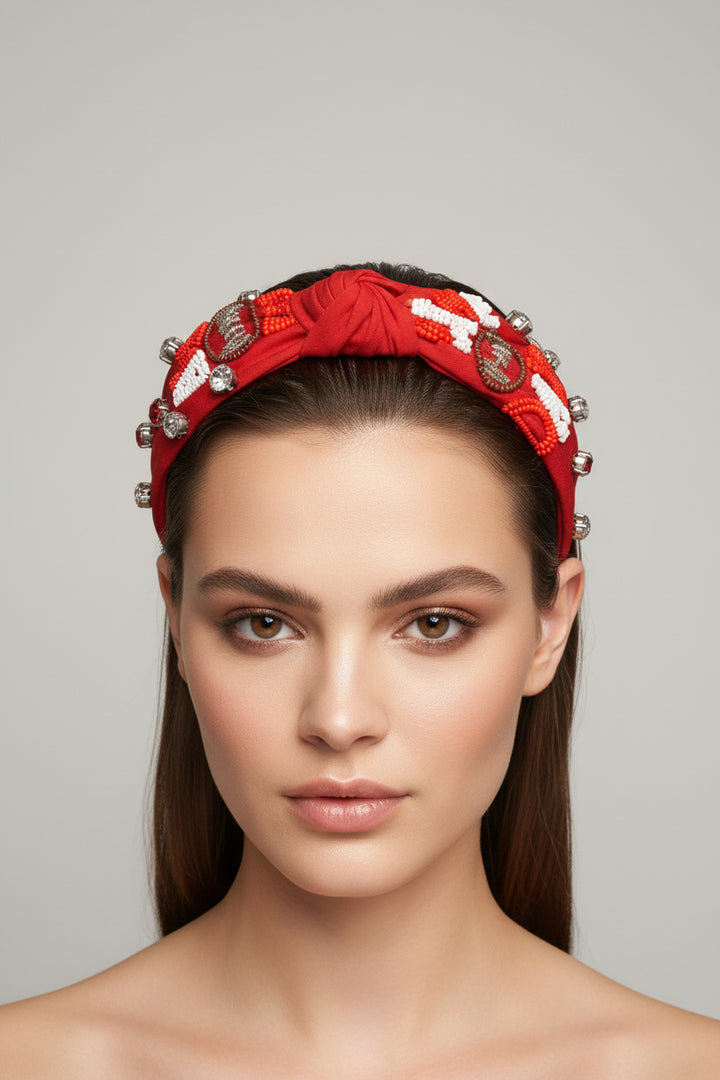 Game Day Headband with red beaded embellishments. Available in sizes S/M, M/L.