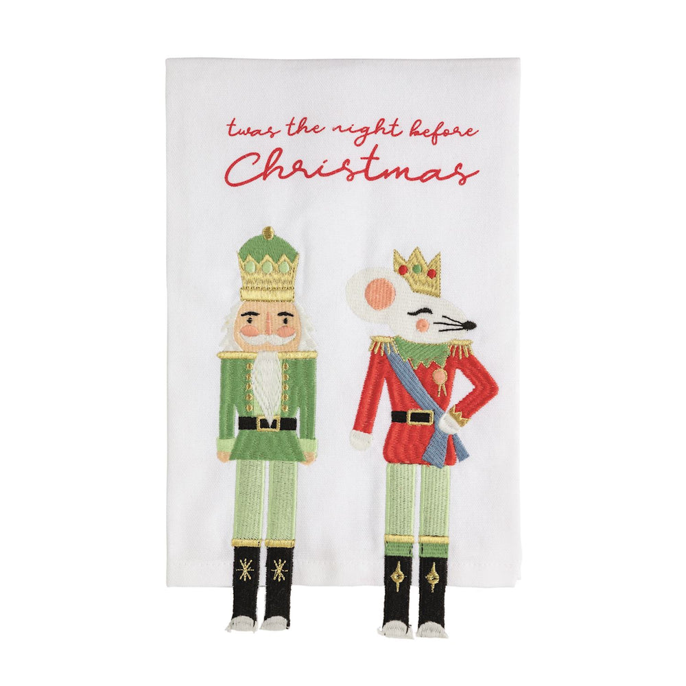 White hand towels embroidered with a mouse king and “twas the night before Christmas,” featuring dangling fabric legs.