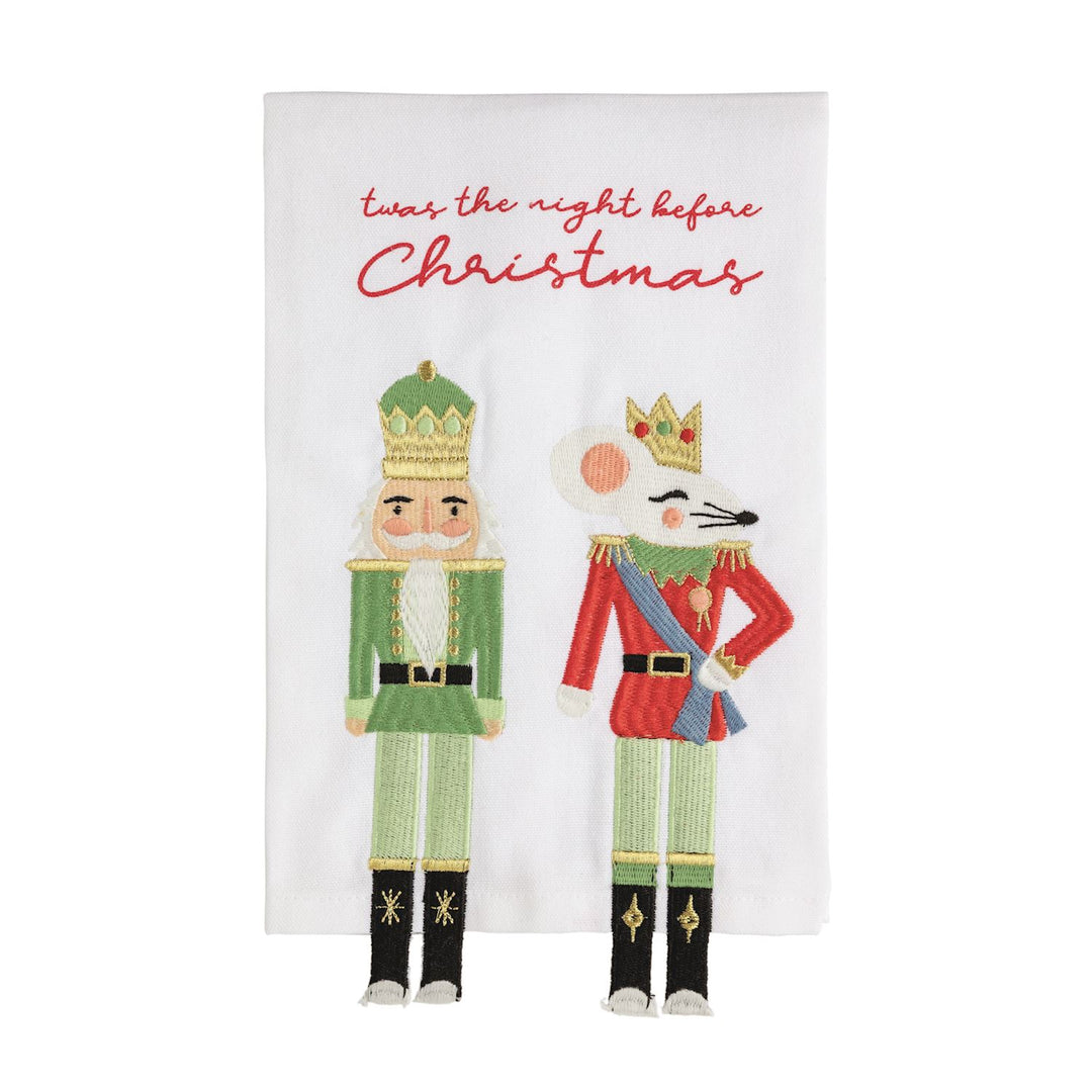 White hand towels embroidered with a mouse king and “twas the night before Christmas,” featuring dangling fabric legs.