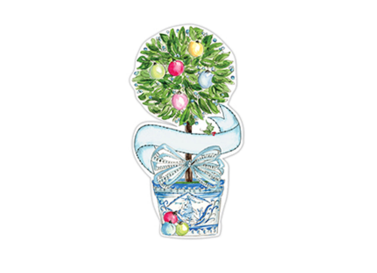 A watercolor illustration of a topiary tree in a blue and white decorative pot, adorned with colorful ornaments. A blue ribbon with a bow wraps around the pot, enhancing the festive, holiday-themed appearance—perfect as Die Cut Accents for table accents or nontraditional place cards for seasonal gatherings. Sizes: 4x6 inches, 5x7 inches.