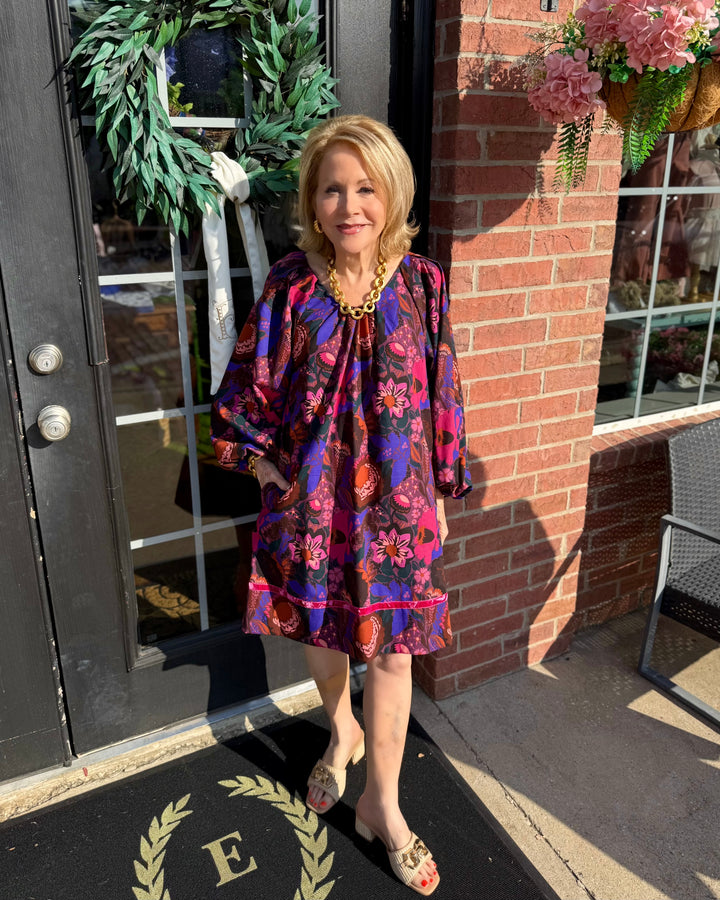 Shirred Floral Shift Dress, available in sizes XS-XL.