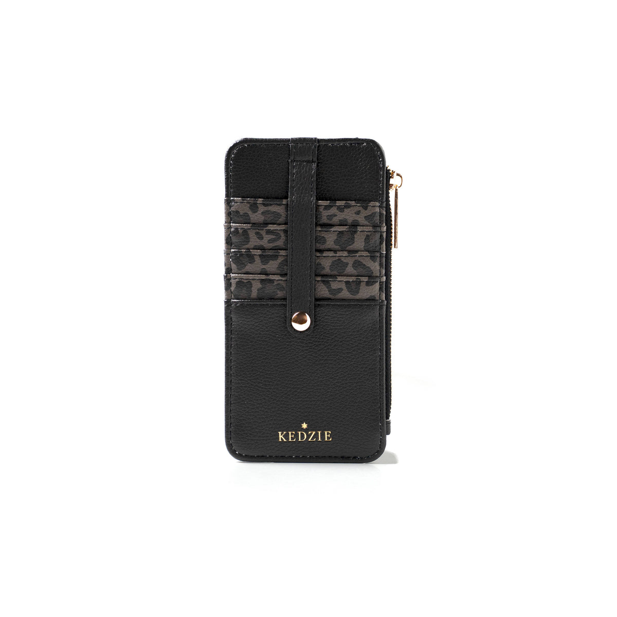 Kedzie Essentials Only Zippered Wallet Open Stock in Amalfi style with black vegan leather, gold lettering, three leopard-print card slots, snap strap closure, and right-side zippered compartment. Sizes available: Small, Medium, Large.