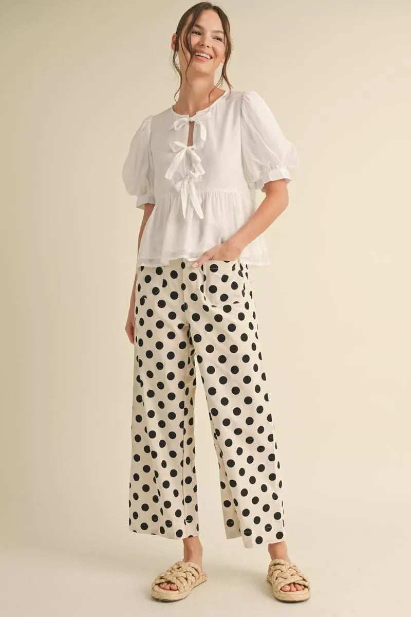 Polka Dot Print Wide Leg Pants in cotton-rayon-linen blend. Available in sizes XS–XL.