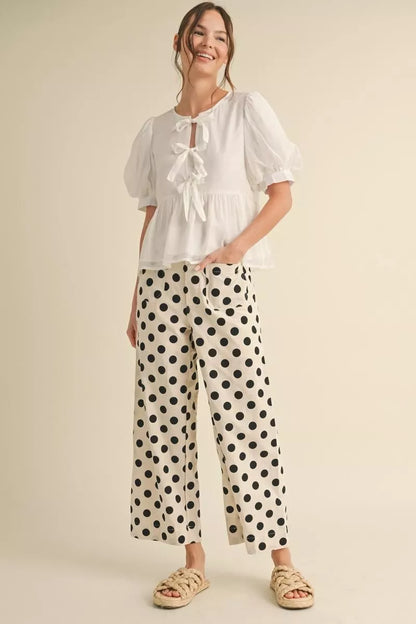 Polka Dot Print Wide Leg Pants in cotton-rayon-linen blend. Available in sizes XS–XL.