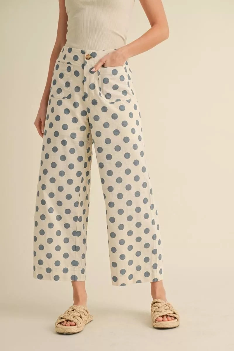 Polka Dot Print Wide Leg Pants, white with large blue spots. Available in sizes XS-XL.