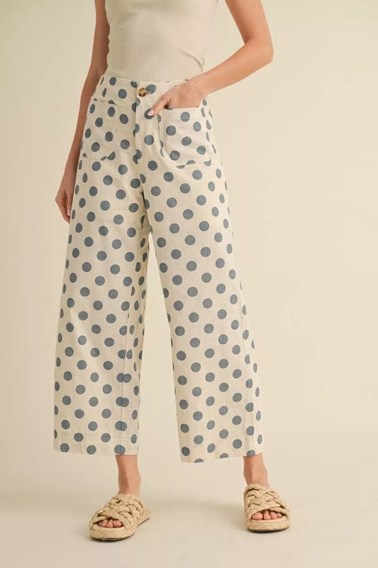 Polka Dot Print Wide Leg Pants, white with large blue spots. Available in sizes XS-XL.