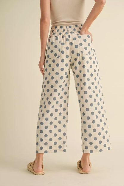 Polka Dot Print Wide Leg Pants in 2 colors, plus sizes, elastic waist, side pockets, cotton-rayon-linen blend.