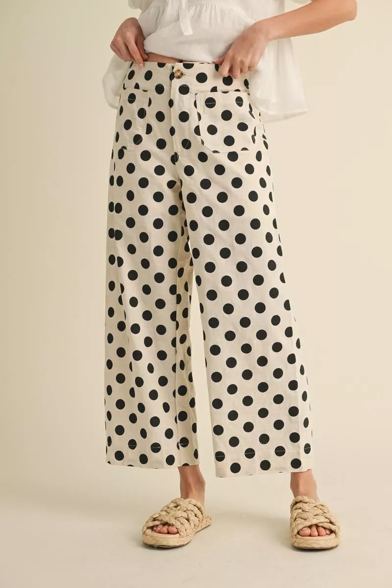 Polka Dot Print Wide Leg Pants in cream. Available in sizes XS-XL.