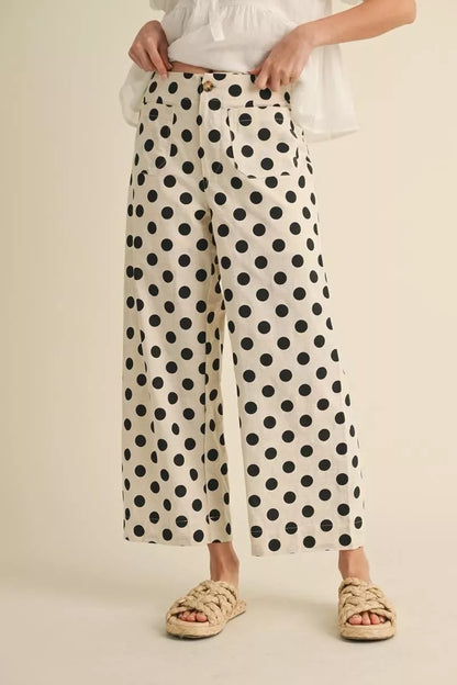 Polka Dot Print Wide Leg Pants in cream. Available in sizes XS-XL.