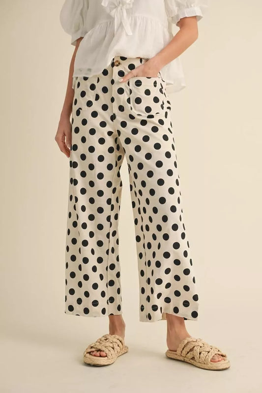 Polka Dot Print Wide Leg Pants in cotton-rayon-linen blend. Available in sizes XS-XL.