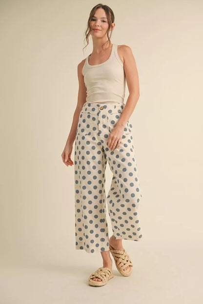 Polka Dot Print Wide Leg Pants in plus sizes; features polka dot pattern, wide leg fit. Sizes: Plus size available.