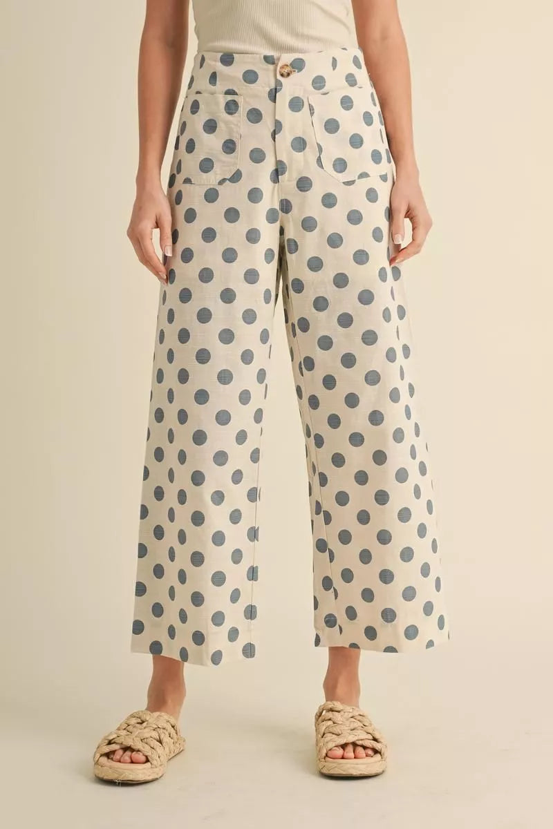 Polka Dot Print Wide Leg Pants shown; available in sizes XS–XL.