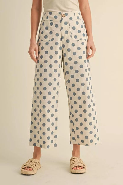 Polka Dot Print Wide Leg Pants shown; available in sizes XS–XL.