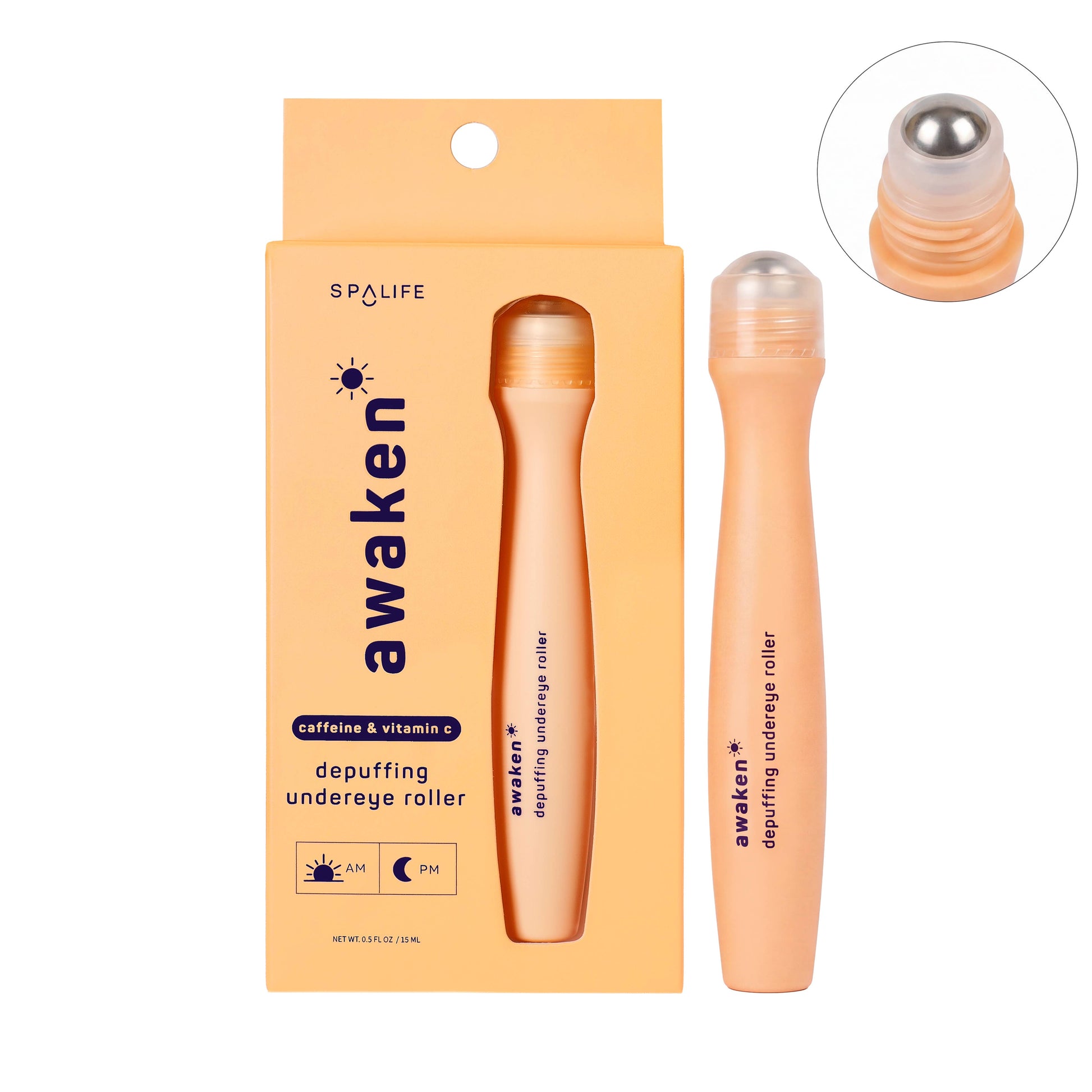 Depuffing Under Eye Roller with Caffeine & Vitamin C, in vibrant orange packaging, includes a roller tube and matching “awaken” box. Features a precision roller ball applicator. Sizes available: 15ml and 30ml.