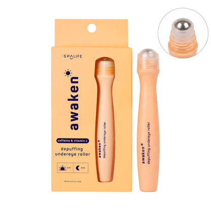Depuffing Under Eye Roller with Caffeine & Vitamin C, in vibrant orange packaging, includes a roller tube and matching “awaken” box. Features a precision roller ball applicator. Sizes available: 15ml and 30ml.