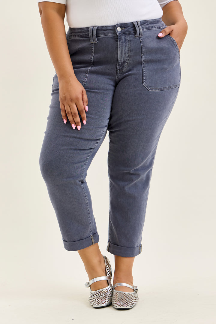 Judy Blue Aurora Weekender Vintage Indigo Jeans with cuffed hems, front pockets, distressed details. Sizes: 0-24.