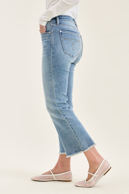 Judy Blue MR Kick Flare Jeans with frayed hem, available in sizes 0-20.