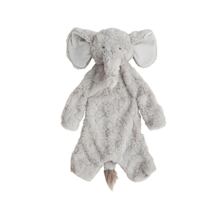 Soft, gray elephant security blanket with floppy ears, long trunk, and short tail. Available in small and large sizes.