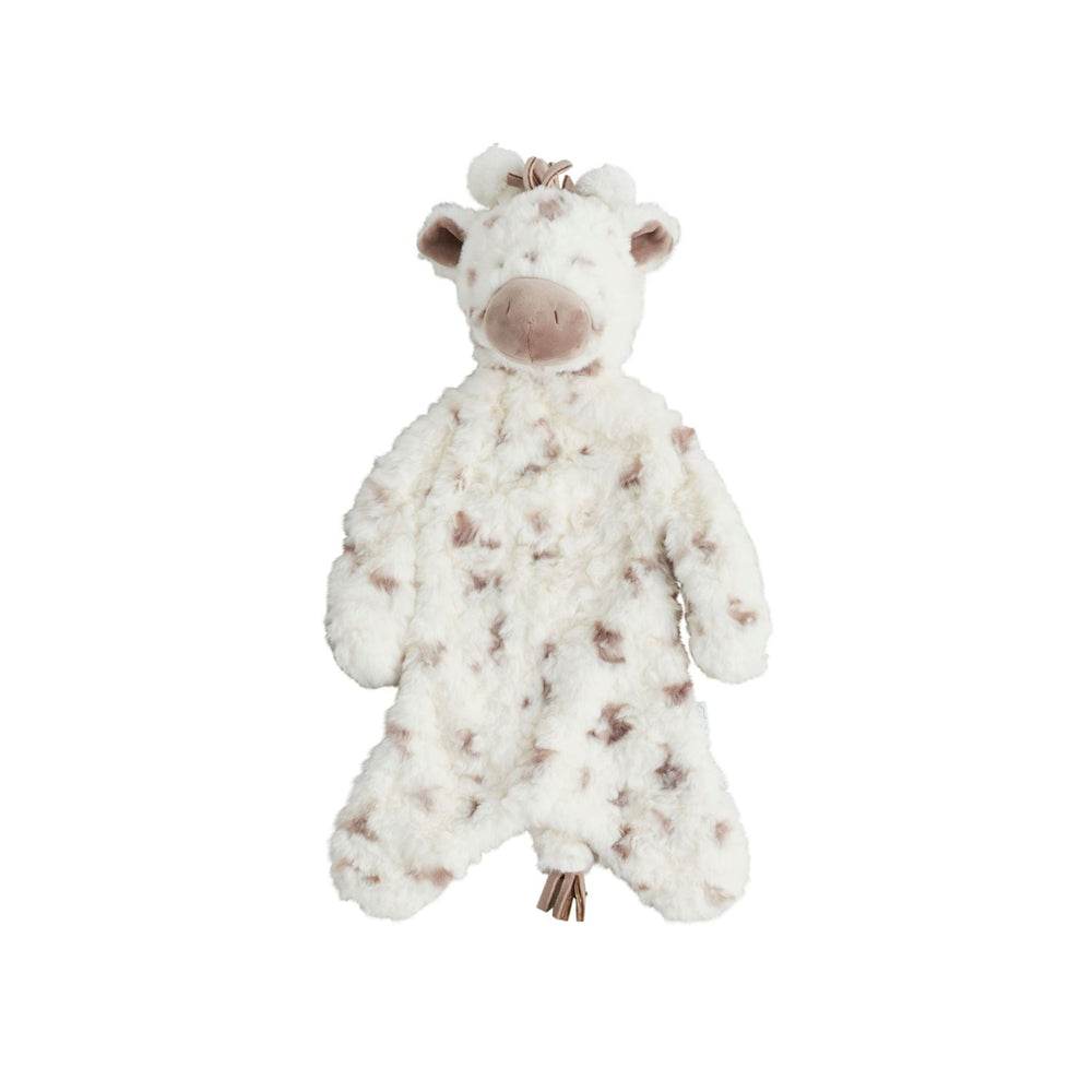 Soft giraffe plush with white faux fur, brown spots, floppy limbs; available in small, medium, and large sizes.