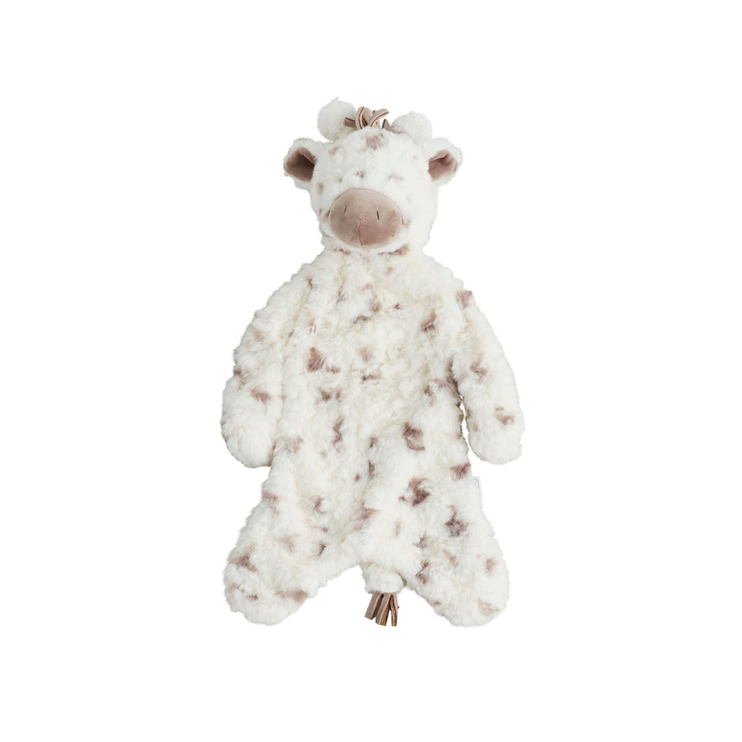 Soft giraffe plush with white faux fur, brown spots, floppy limbs; available in small, medium, and large sizes.