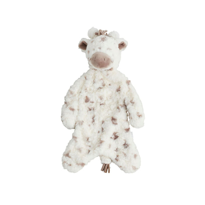 Soft giraffe plush with white faux fur, brown spots, floppy limbs; available in small, medium, and large sizes.