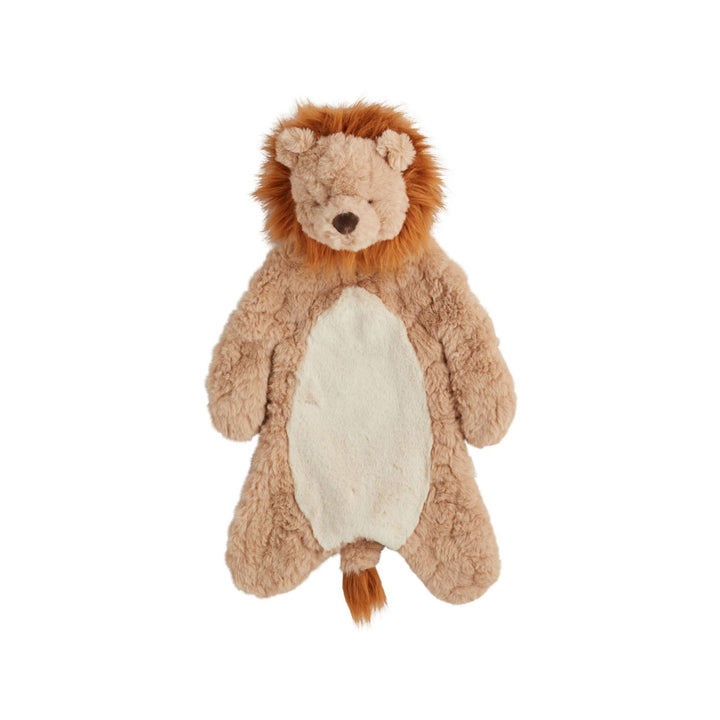 Plush lion with soft light brown fur, creamy belly, dark brown mane, and small tail. Available sizes: Small, Medium, Large.