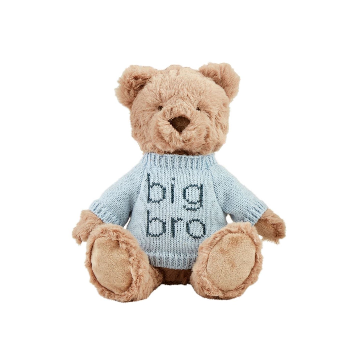 Light brown faux fur teddy bear in light blue "big bro" knit sweater. Available sizes: small, medium, large.