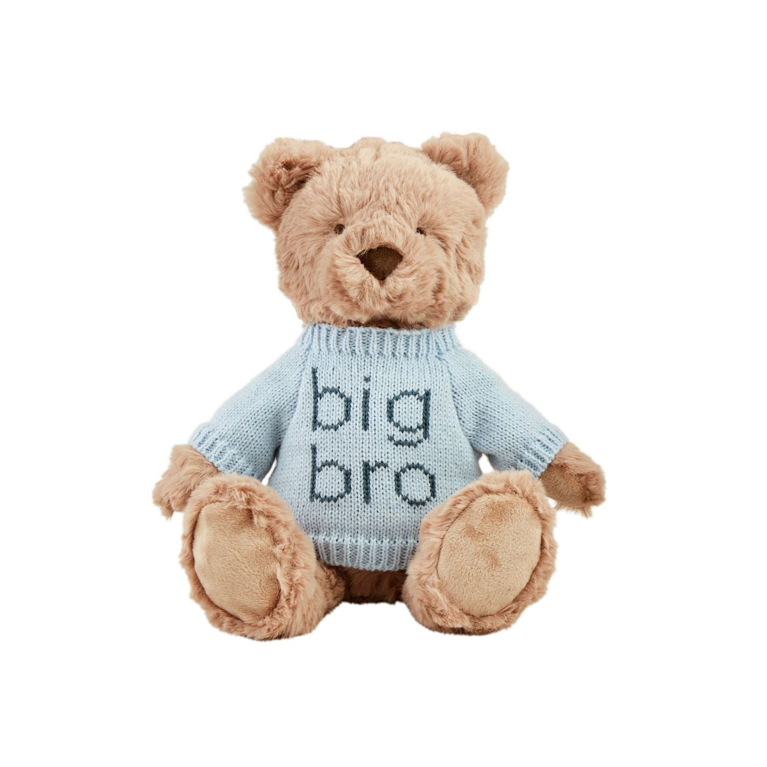 Light brown faux fur teddy bear in light blue "big bro" knit sweater. Available sizes: small, medium, large.
