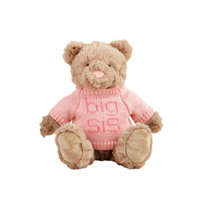 Soft brown faux fur bear in a pink “big sis” sweater, cuddly and fluffy; available sizes: small, medium, and large.