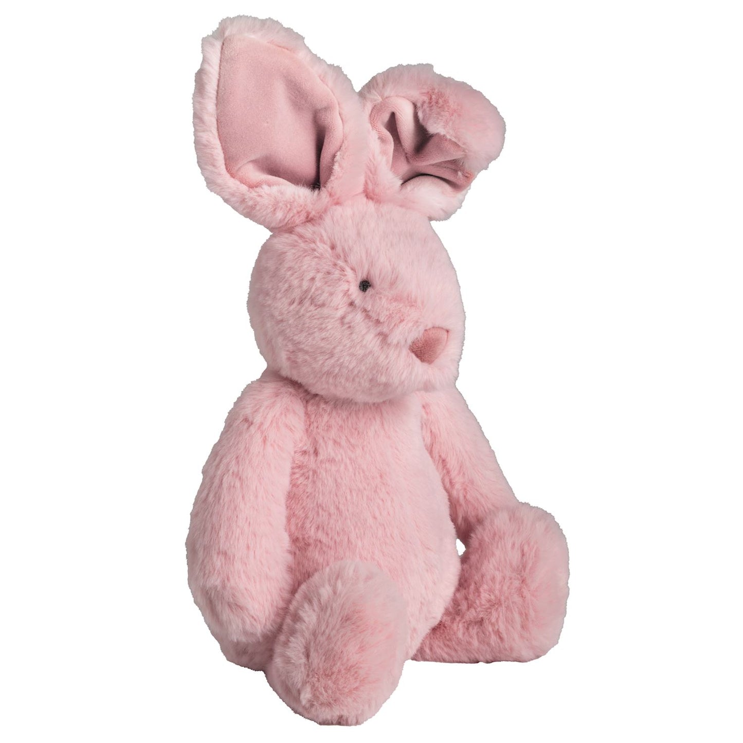 Lila the Pink Plush Bunny: soft faux fur, floppy ears, round limbs, small pink nose. Available sizes: small, medium, large.