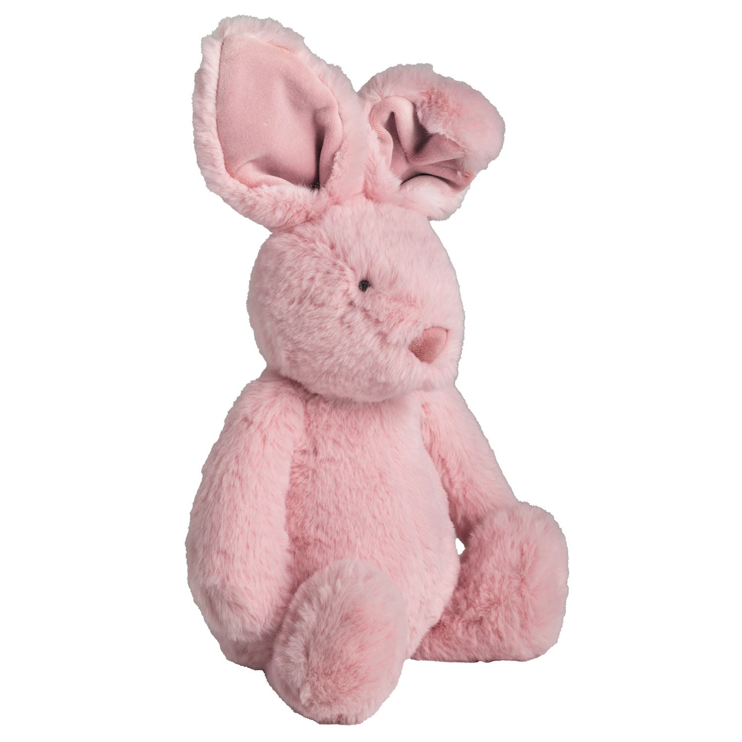Lila the Pink Plush Bunny: soft faux fur, floppy ears, round limbs, small pink nose. Available sizes: small, medium, large.