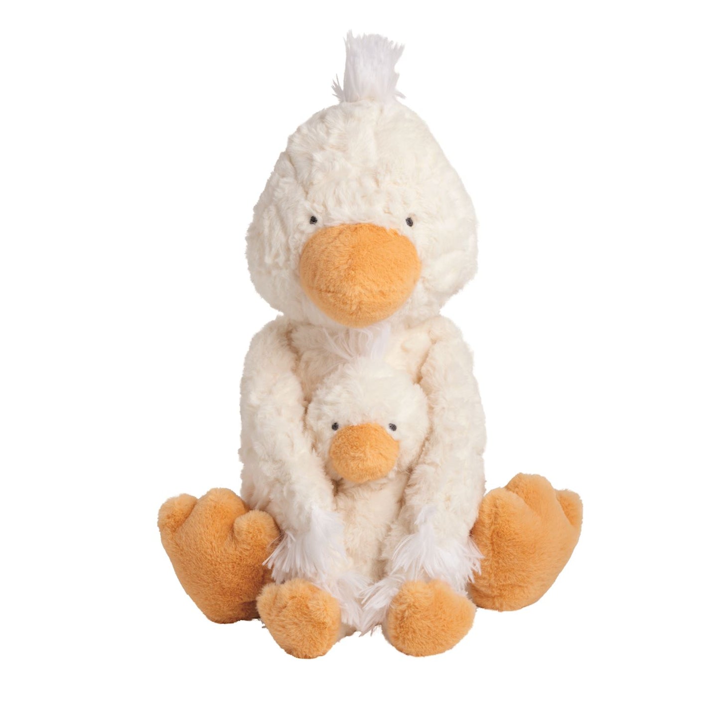 Soft white faux fur duck plush with orange beak and feet, holding small matching duck; available in standard and mini sizes.