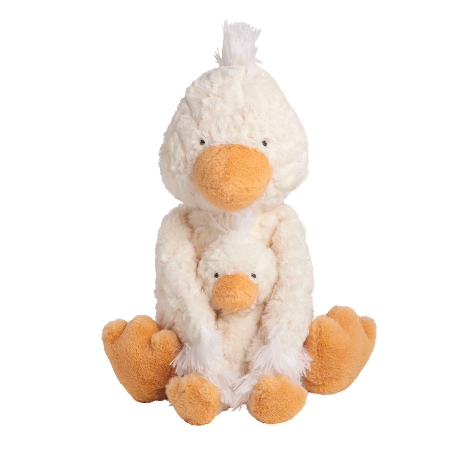 Soft white faux fur duck plush with orange beak and feet, holding small matching duck; available in standard and mini sizes.