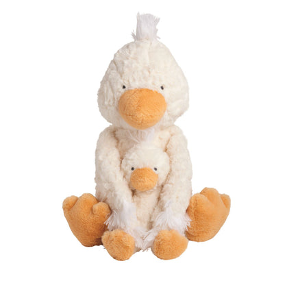 Soft white faux fur duck plush with orange beak and feet, holding small matching duck; available in standard and mini sizes.