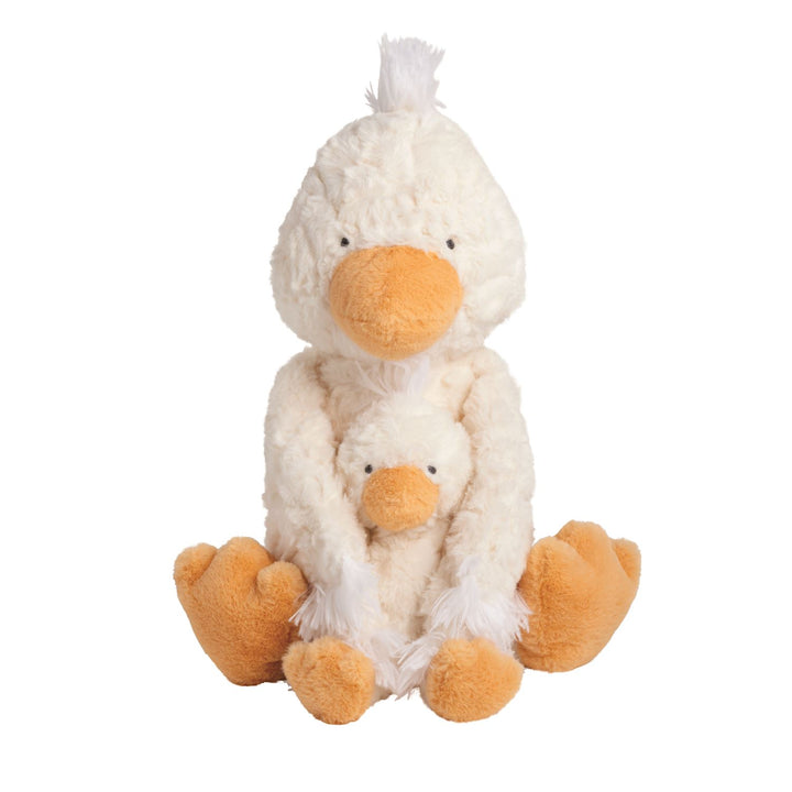 Soft white faux fur duck plush with orange beak and feet, holding small matching duck; available in standard and mini sizes.