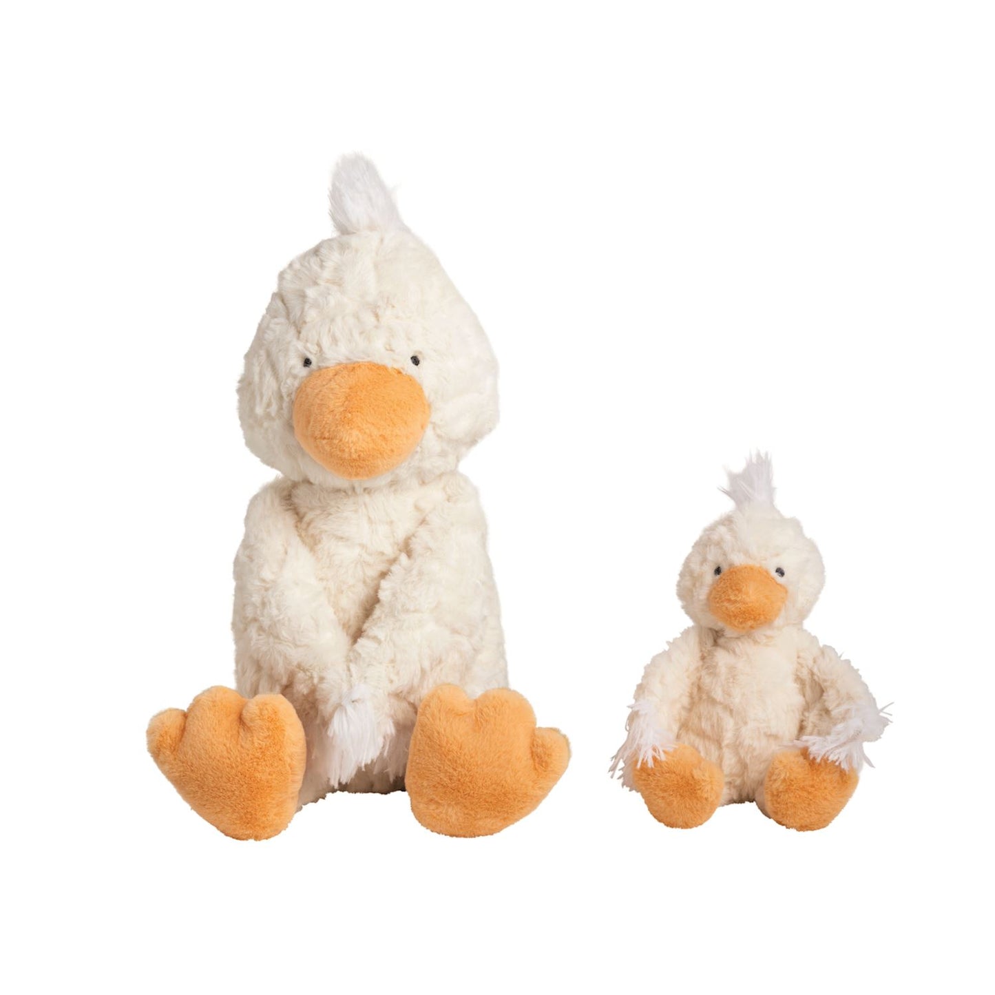 Mama & Baby Plush Set: two plush ducks (large and small) with white faux fur, orange beaks, and feet. Sizes: large, small.