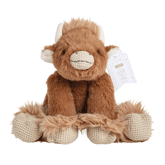 Highland cow plush with ultra-soft faux fur, cream snout, horns, hooves, "Clive the Cow" tag. Available in 8", 12", 16".