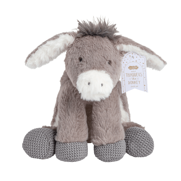 Gray and white donkey plush with soft faux fur, floppy ears, knitted hooves, "THADDEUS THE DONKEY" ear tag. Sizes: S/M/L.