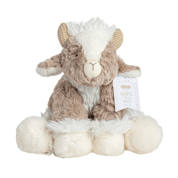 Barnyard Plush Pals goat toy in ultra-soft brown and white fur, floppy ears, name tag. Available in 8”, 12”, and 16” sizes.