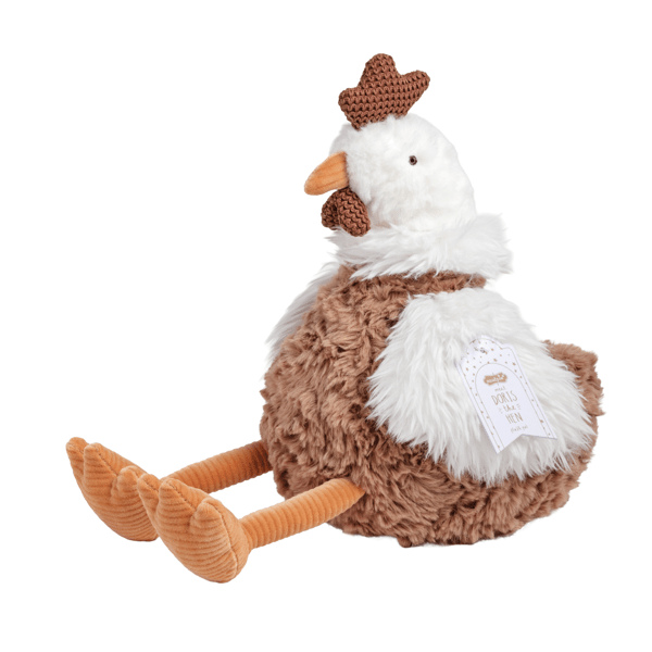 Chicken-shaped plush toy with brown and white faux fur, orange legs, brown comb, beak, and name tag. Available in S/M/L.