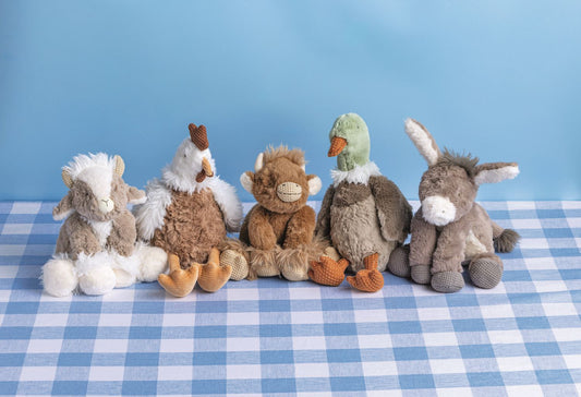 Barnyard Plush Pals (goat, chicken, monkey, duck, donkey) made of ultra-soft faux fur; available in small and medium sizes.