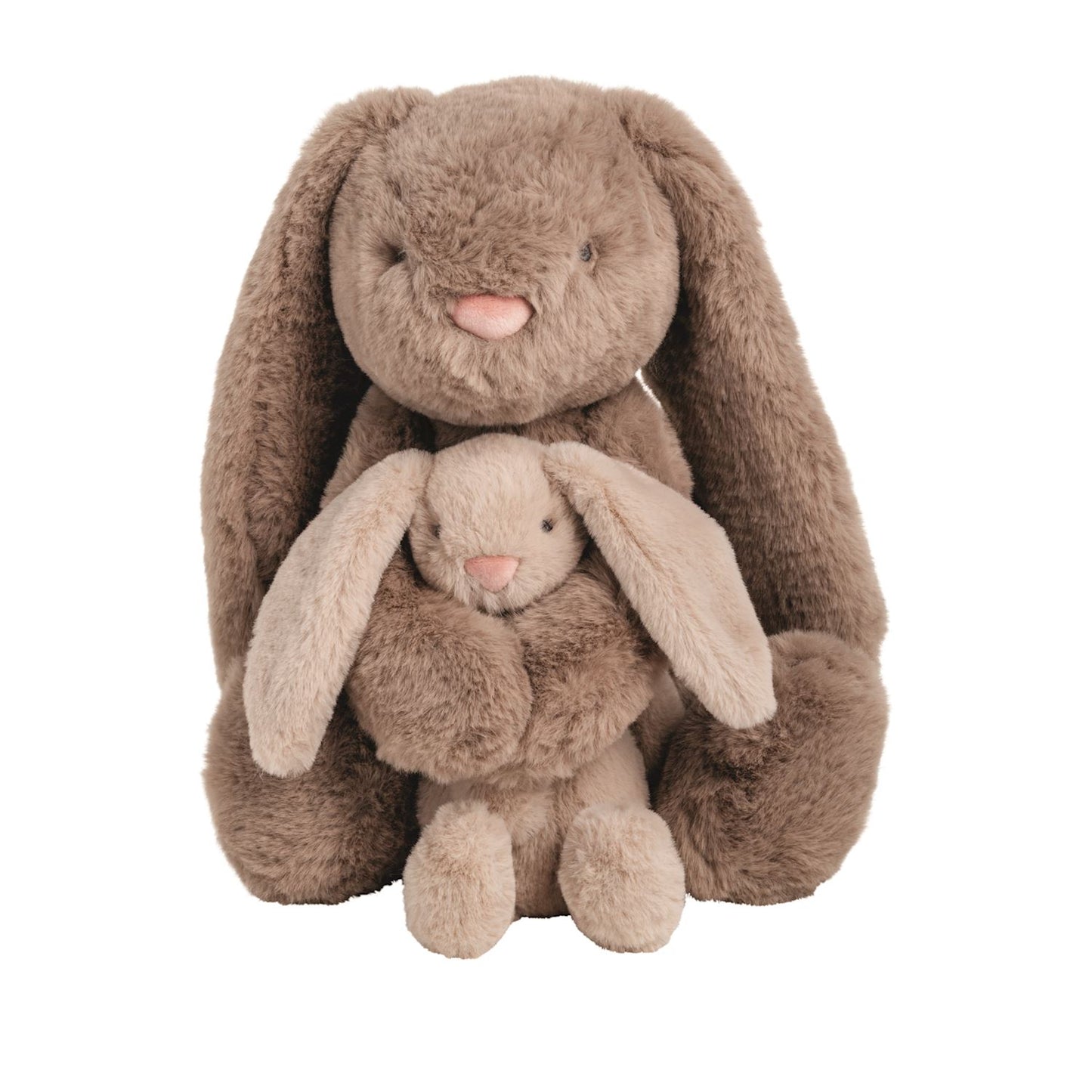 Two soft, brown faux fur bunny plushes with long ears, one large and one small. Sizes: large and small.