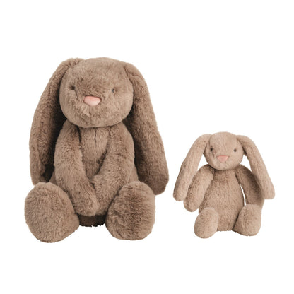 Set of two brown plush bunnies with floppy ears and pink noses; includes one large and one small size.