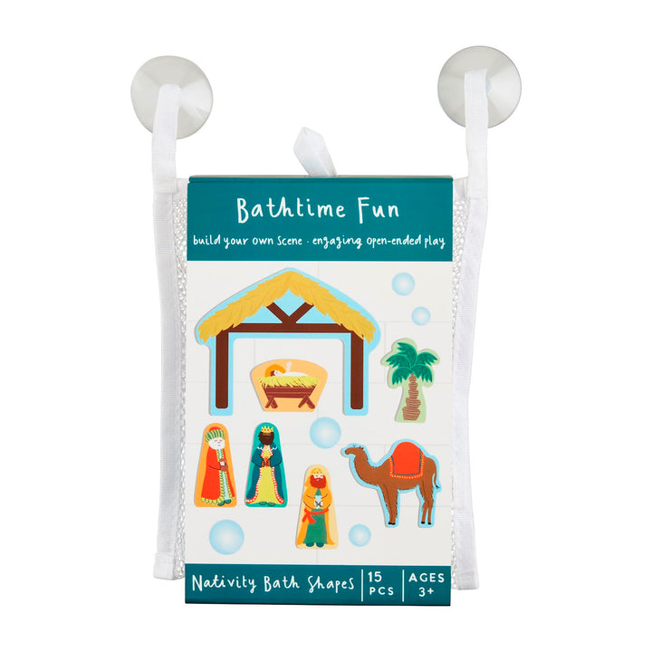 Christmas Bath Stickable Sets with fifteen nativity foam shapes in a mesh bag with two suction cups.