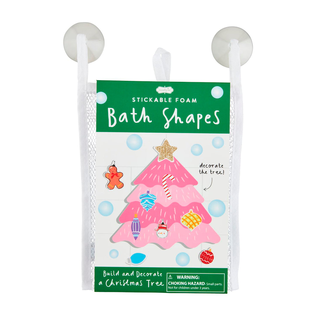 Christmas Bath Stickable foam tree and ornament set in a suction-cup mesh storage bag.