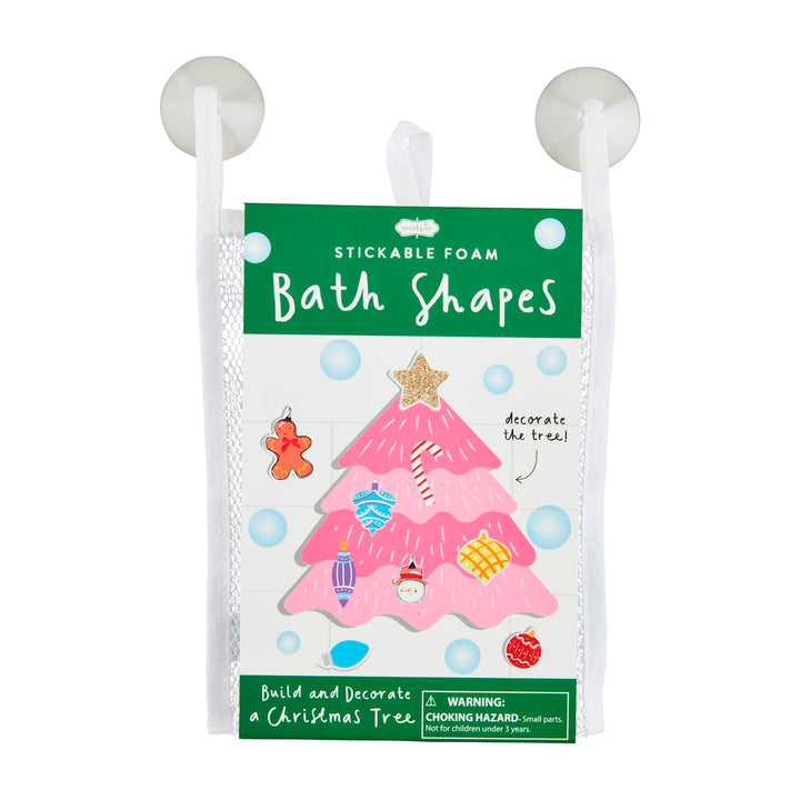 Christmas Bath Stickable foam tree and ornament set in a suction-cup mesh storage bag.